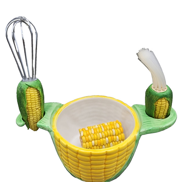 Boston Warehouse Ceramic Corn On The Cob Butter Bowl Warmer Spreader Brush Whisk - Picture 1 of 7